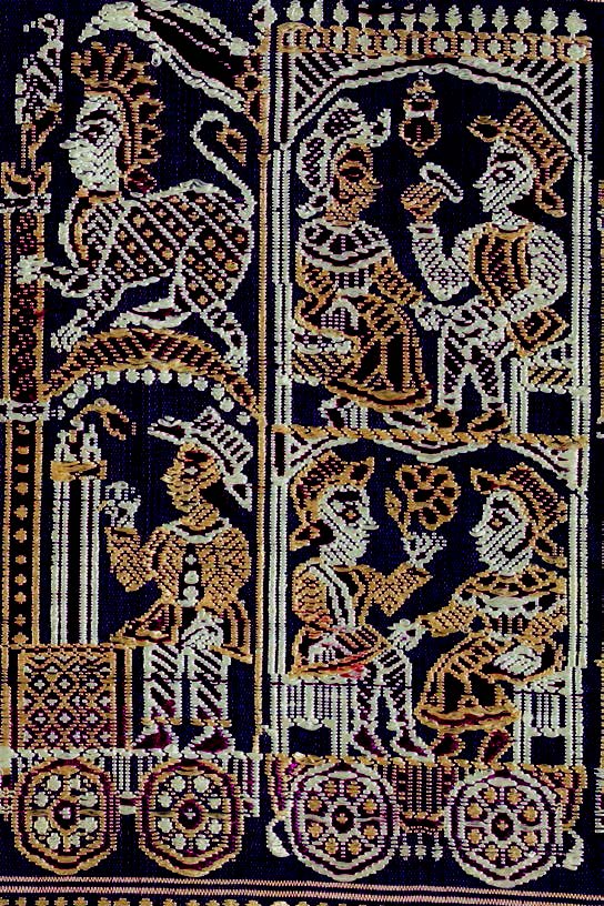 Europeans in a train; detail of sari anchal, mid-19th century, catalogue #16: courtesy Tapi Collection