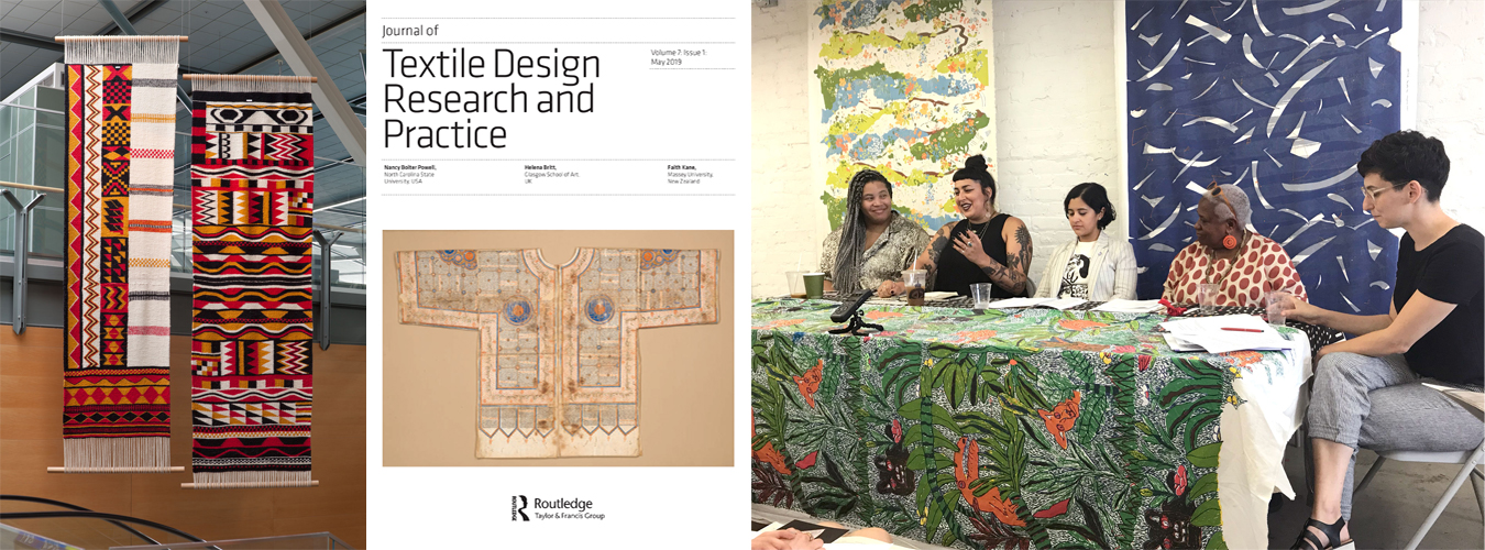 Contemporary Salish weavings; cover of JTDRP; Panelists sit behind a table.