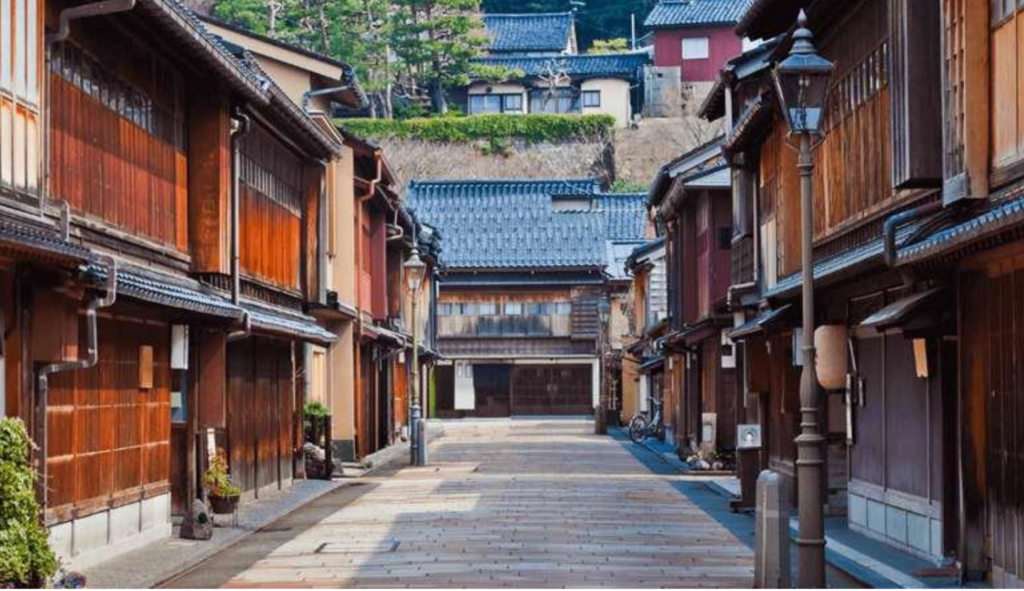 Traditionally built wooden buildings on a quiet street in Japan