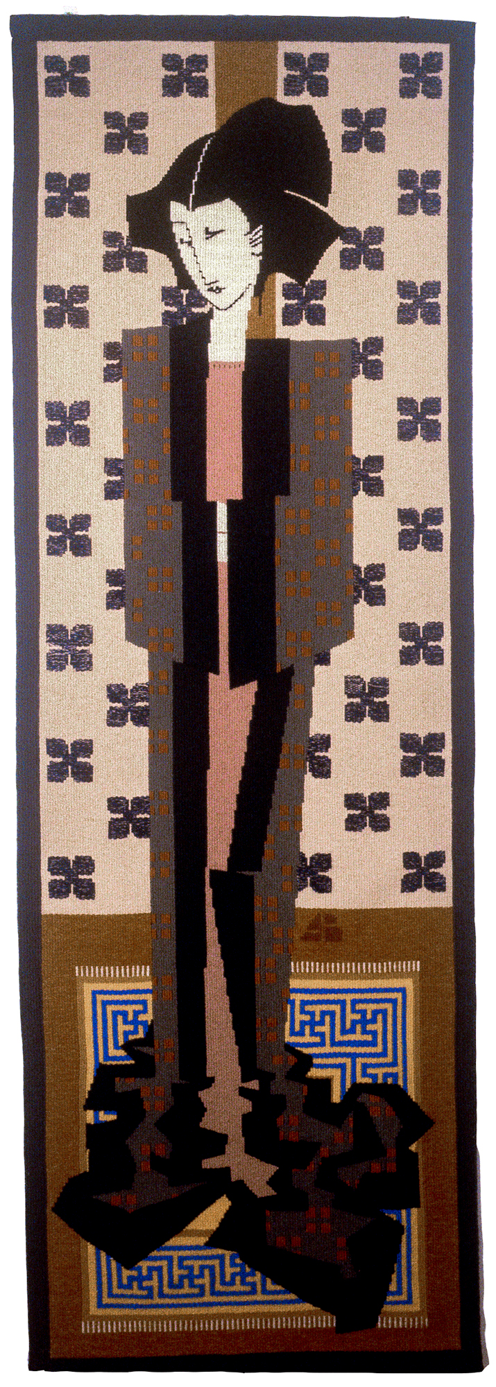 Tapestry of a woman in a kimono with graphic elements on the wall and rug under her feet.