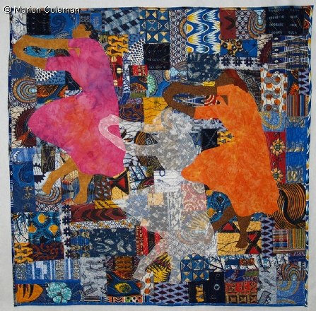 Patchwork quilt with three dancers, two with brown skin in bright dresses, and one made of transparent lace.