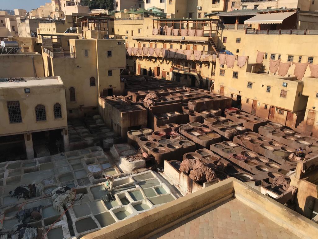 Rooftop view of densely build tan buildings. Dye vats and hanging cloths are visible.