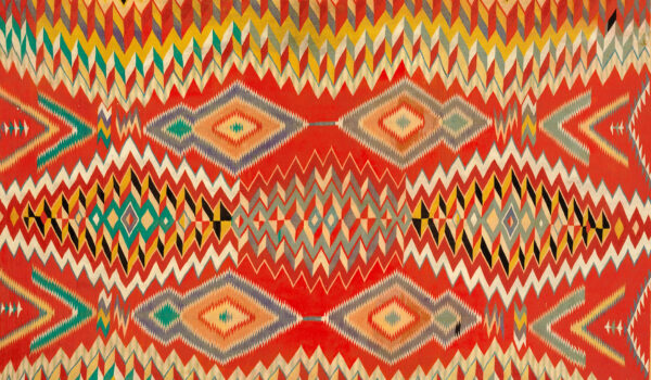 A dazzling optical design of repeating diamond patterns in red, gold, blue, black, and white