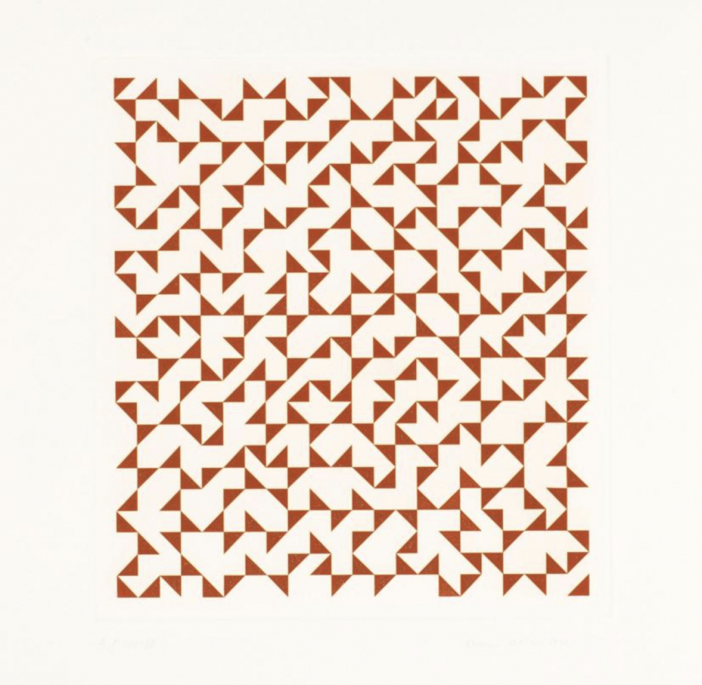 A quilt-like design of triangles create a square on a white background.